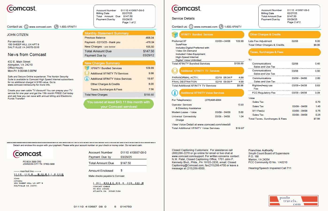 USA Comcast utility bill template in Word and PDF formats, 2 pages